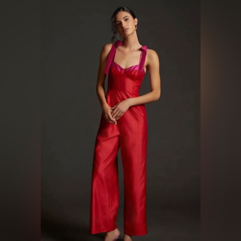 Anthropologie Hutch Seamed Wide-Leg Bow Strap Jumpsuit